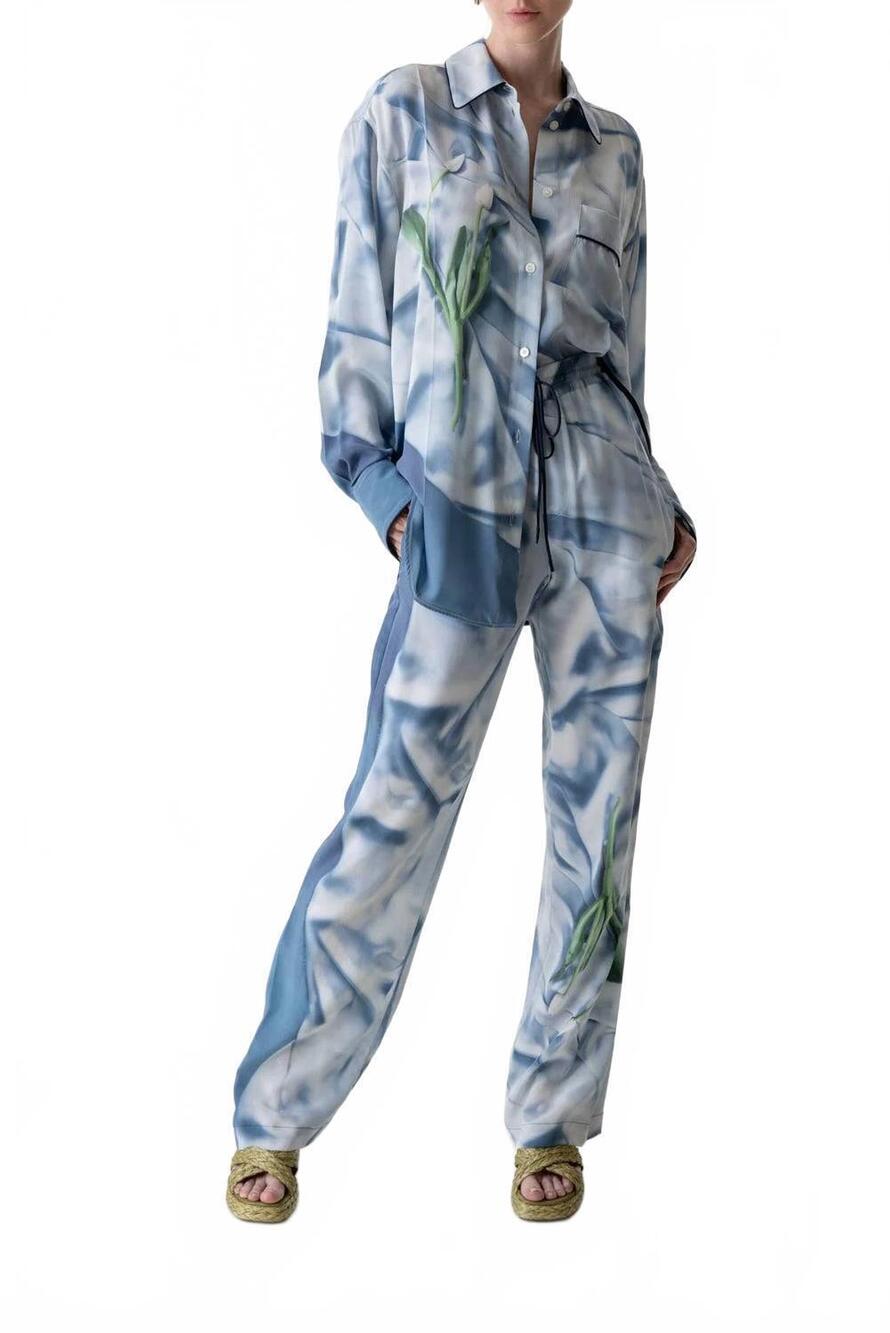 NEW VICTORIA BECKHAM pleat detail pajama trouser in ice blue satin flower